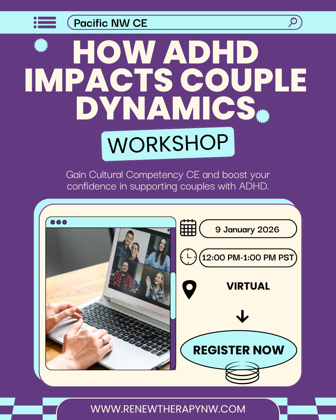 CEU Training Computer screen showing virtual setting advertising a continuing education training titled How ADHD impacts couple dynamics.